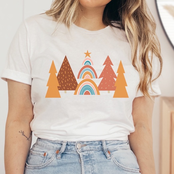 Boho Retro Rainbow Christmas Tree T-Shirt - Picture 2 of 6